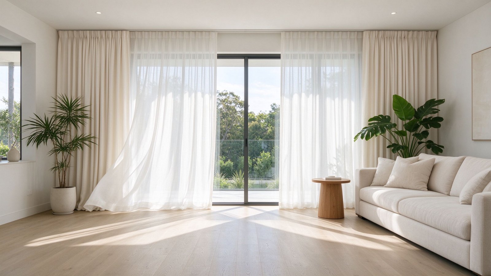 Bright living room with custom fabric curtains and sheer drapes